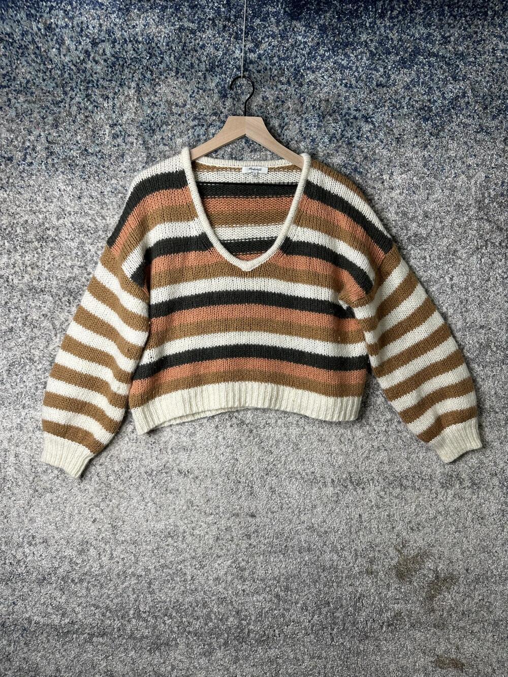 Madewell Sweater Womens Medium Multicolor Striped V Neck Cropped Knit Pullover
